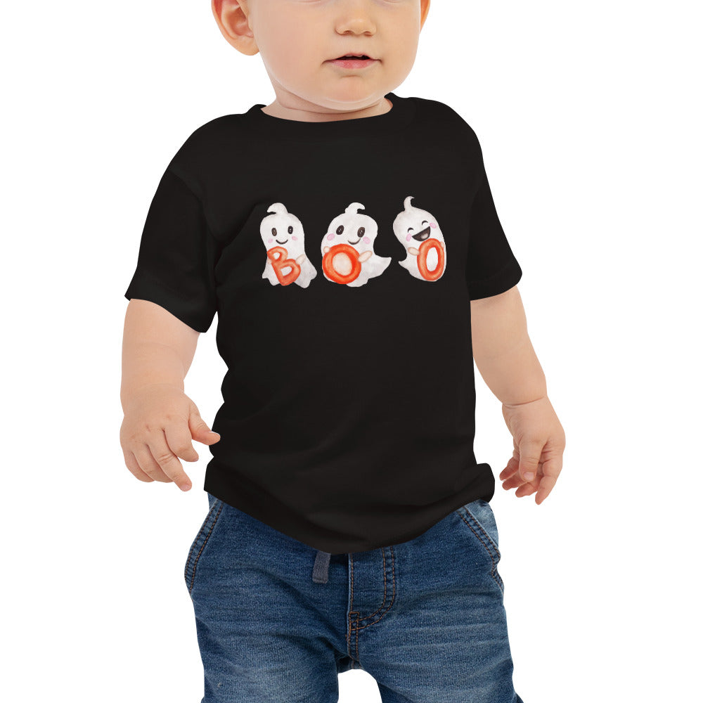 "Boo" Ghost Infant T-Shirt: Playful Halloween Charm with Adorable Ghosts Spelling Out "Boo"