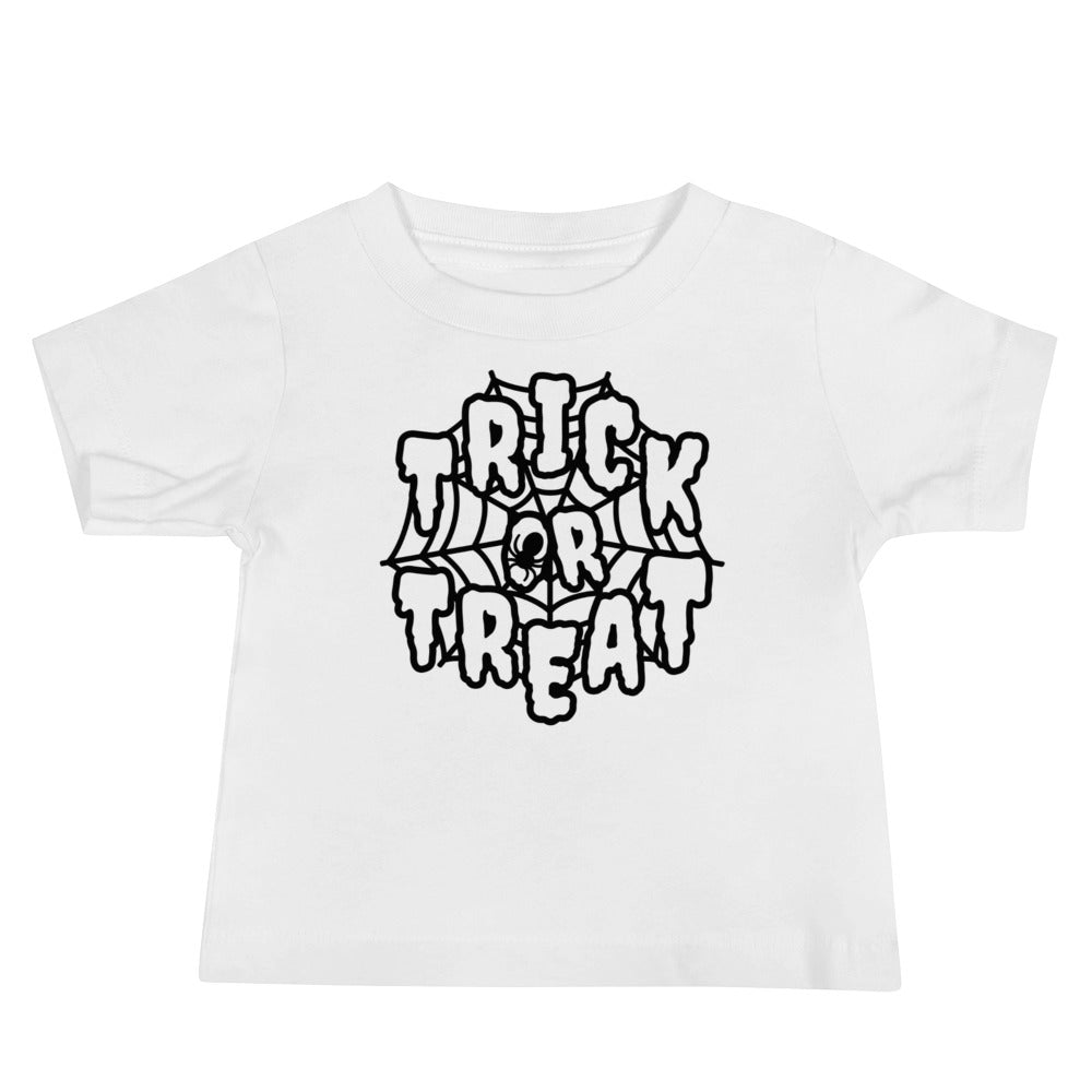 "Trick or Treat" Spider Web Infant T-Shirt: A Charming Halloween Delight for Your Little One