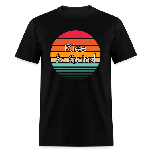 Rise and Grind Unisex T-Shirt with Sunset Design - black