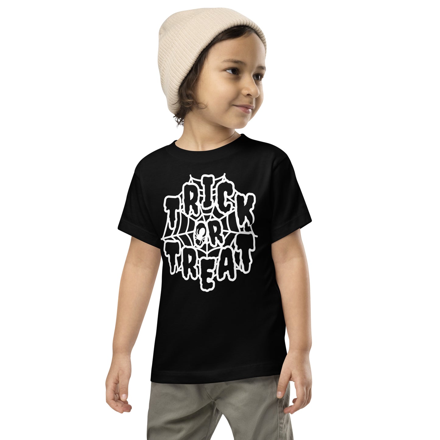 "Trick or Treat" Spider Web Toddler T-Shirt: A Charming Halloween Delight for Your Little One