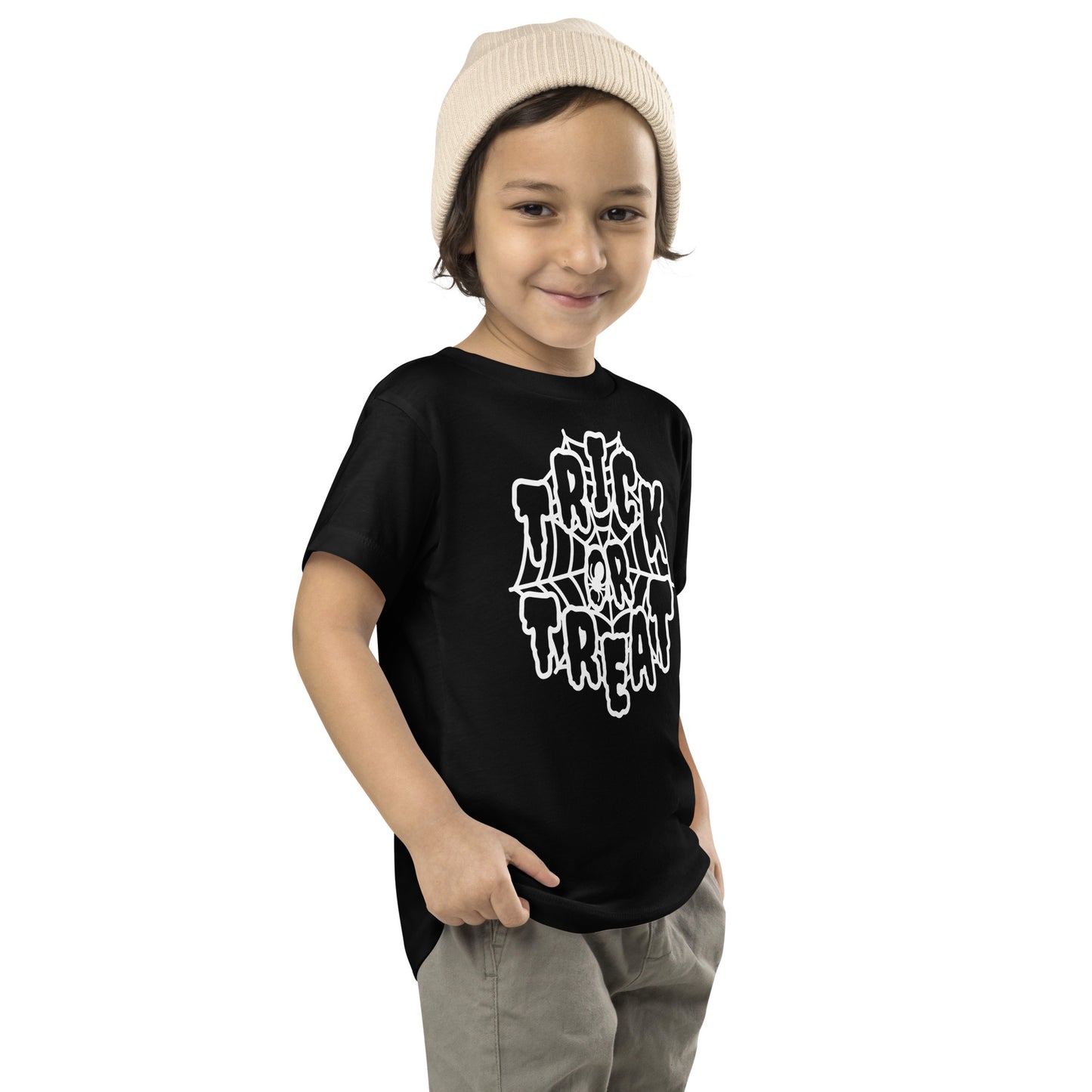 "Trick or Treat" Spider Web Toddler T-Shirt: A Charming Halloween Delight for Your Little One