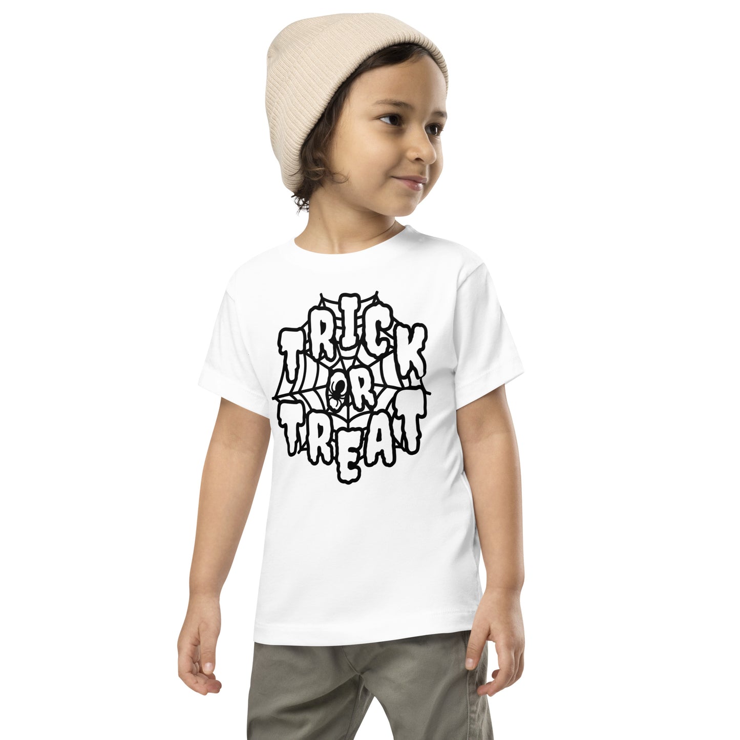 "Trick or Treat" Spider Web Toddler T-Shirt: A Charming Halloween Delight for Your Little One