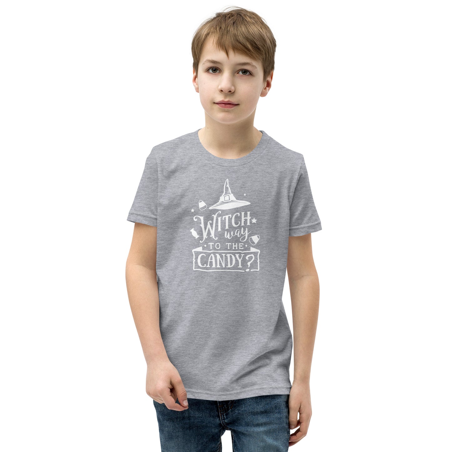 "Witch Way to the Candy" Youth T-Shirt: Enchanting Design for a Magical Halloween Adventure