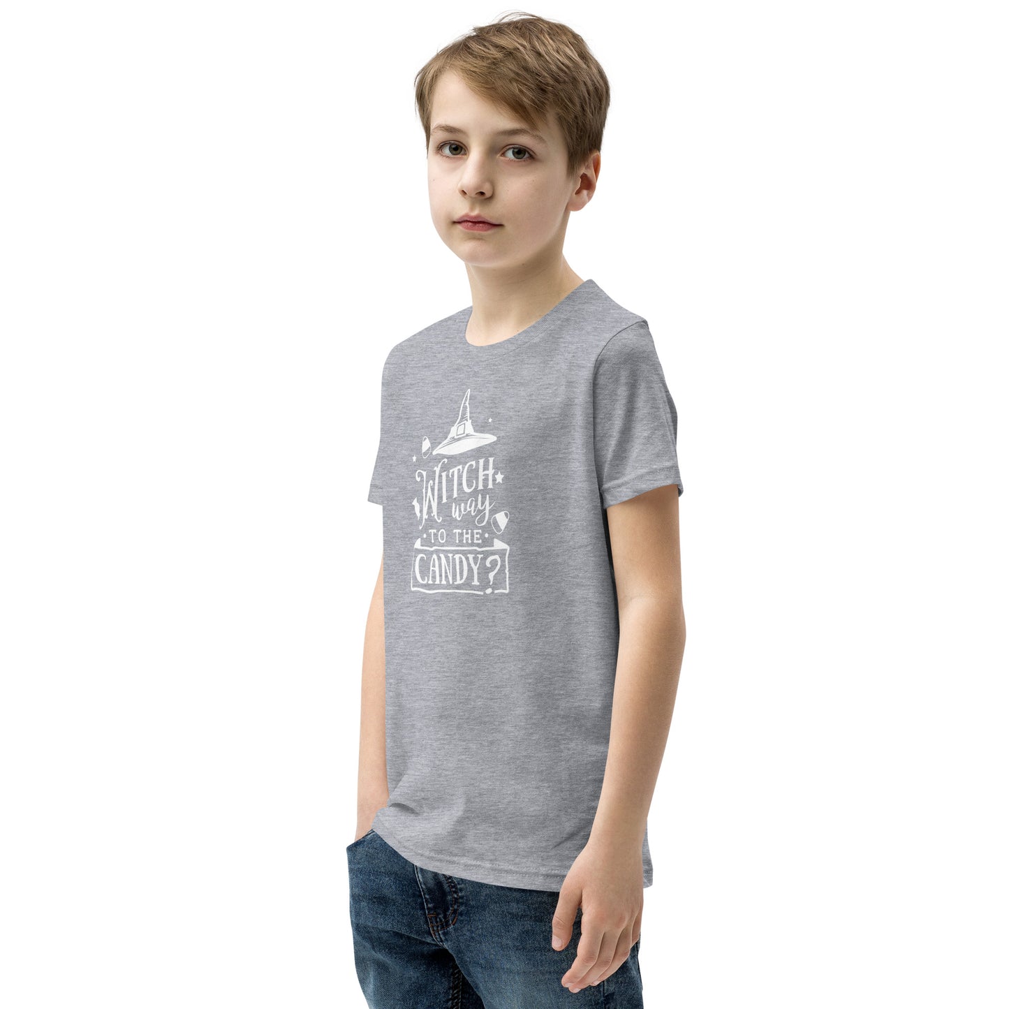 "Witch Way to the Candy" Youth T-Shirt: Enchanting Design for a Magical Halloween Adventure