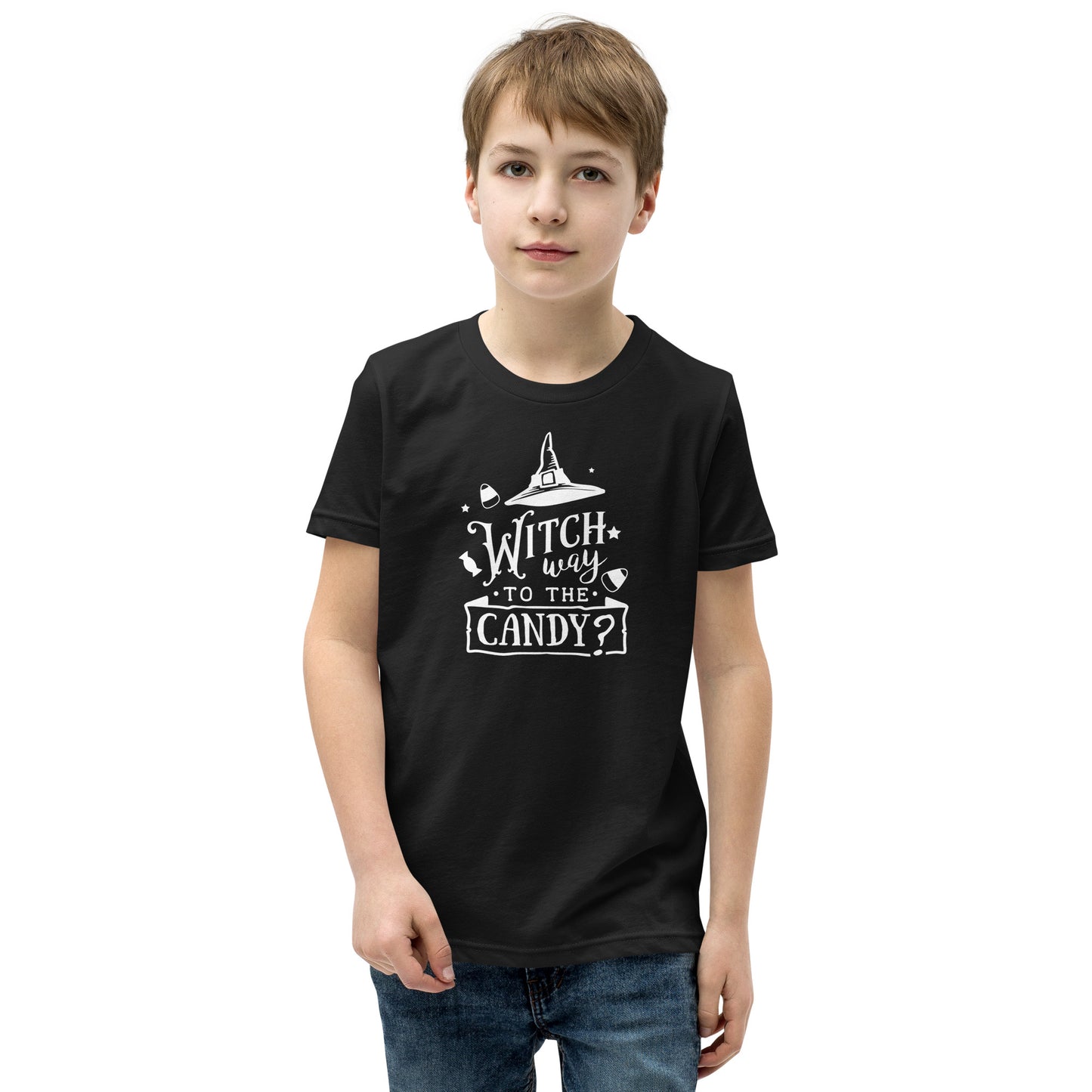 "Witch Way to the Candy" Youth T-Shirt: Enchanting Design for a Magical Halloween Adventure