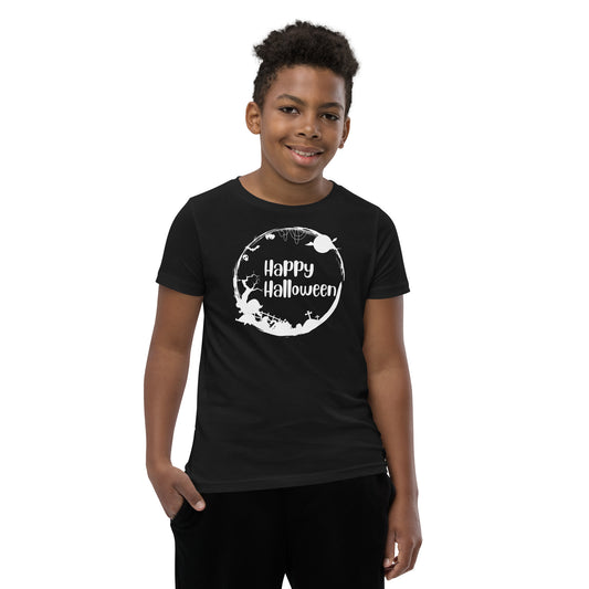 "Happy Halloween" Circular Youth T-Shirt: Embrace the Festive Spirit with a Playful Design