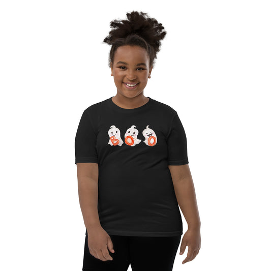 "Boo" Youth T-Shirt: Adorable Ghosts Spell Out Halloween Fun