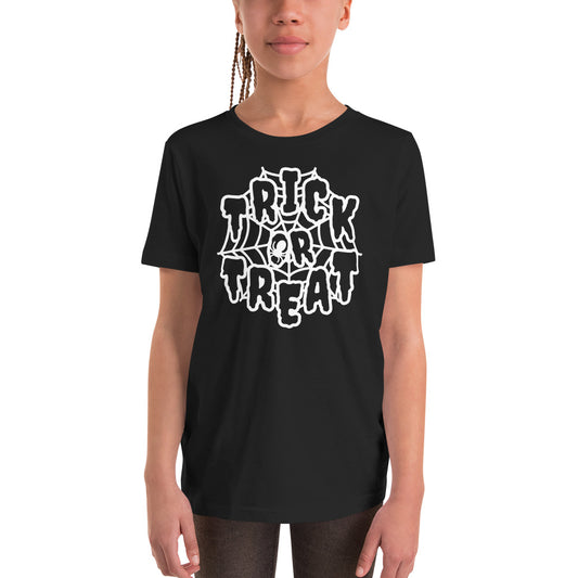 "Trick or Treat" Spider Web Youth T-Shirt: Spooky Fun with a Captivating Design