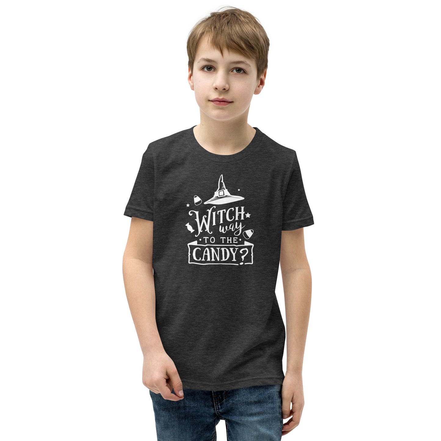 "Witch Way to the Candy" Youth T-Shirt: Enchanting Design for a Magical Halloween Adventure