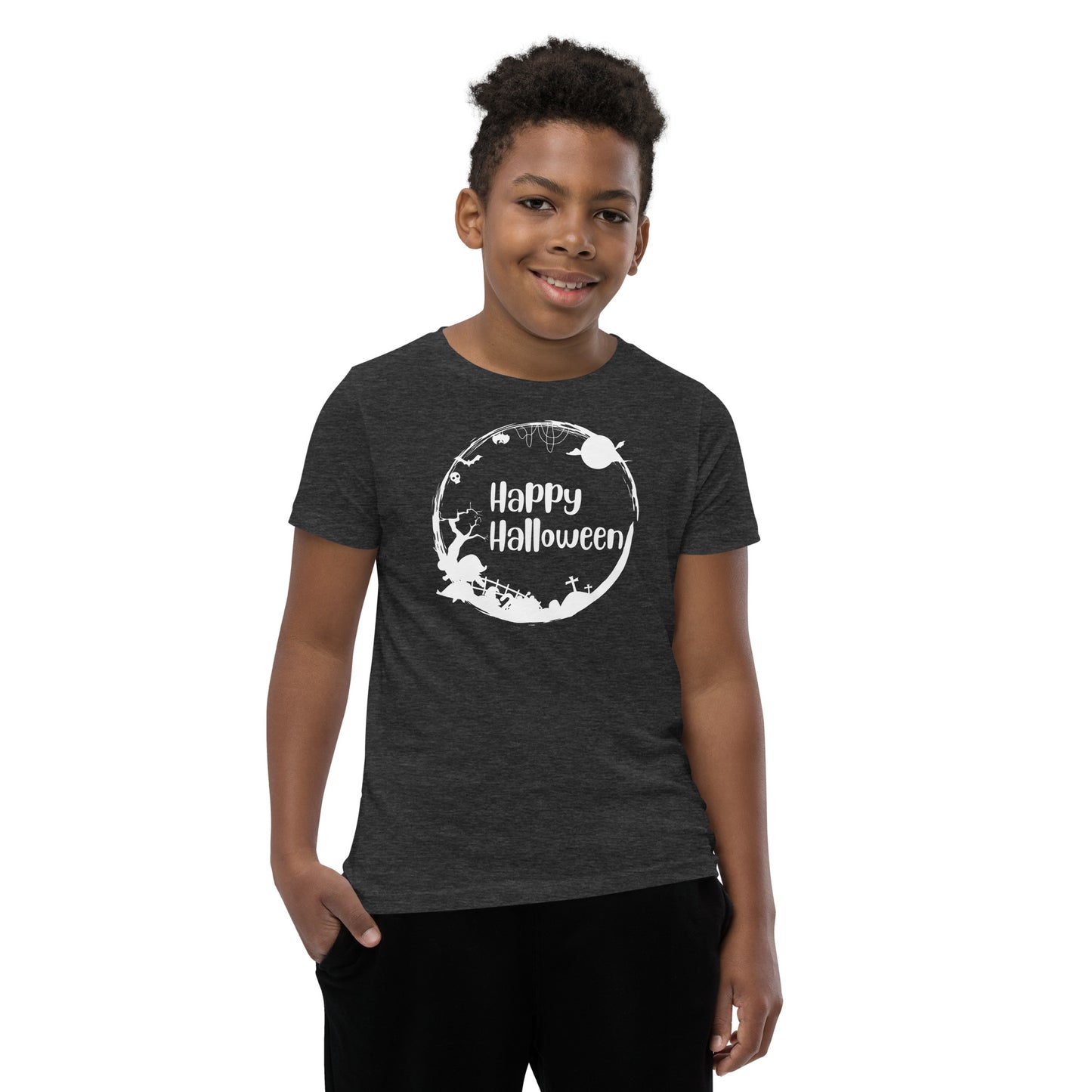 "Happy Halloween" Circular Youth T-Shirt: Embrace the Festive Spirit with a Playful Design