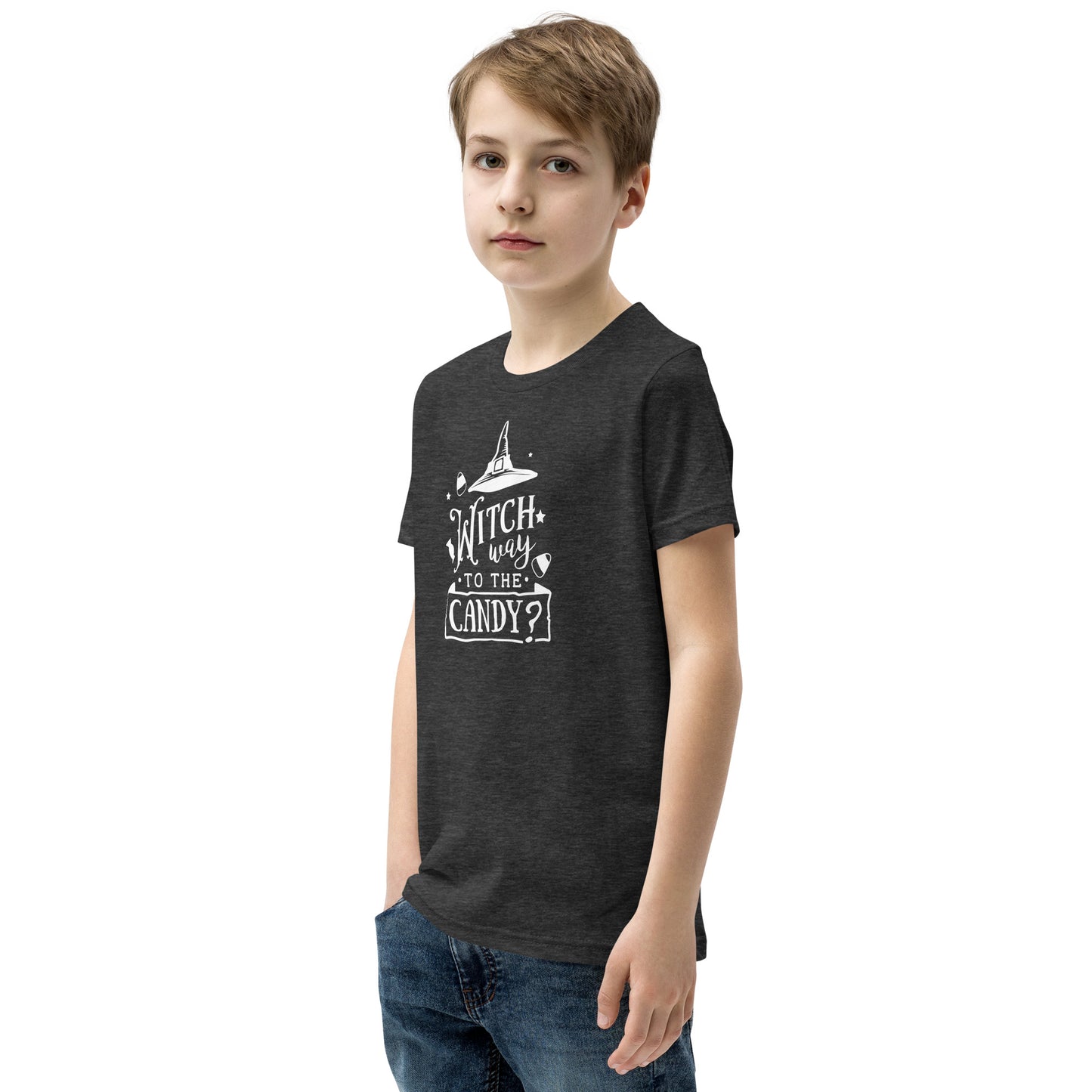 "Witch Way to the Candy" Youth T-Shirt: Enchanting Design for a Magical Halloween Adventure