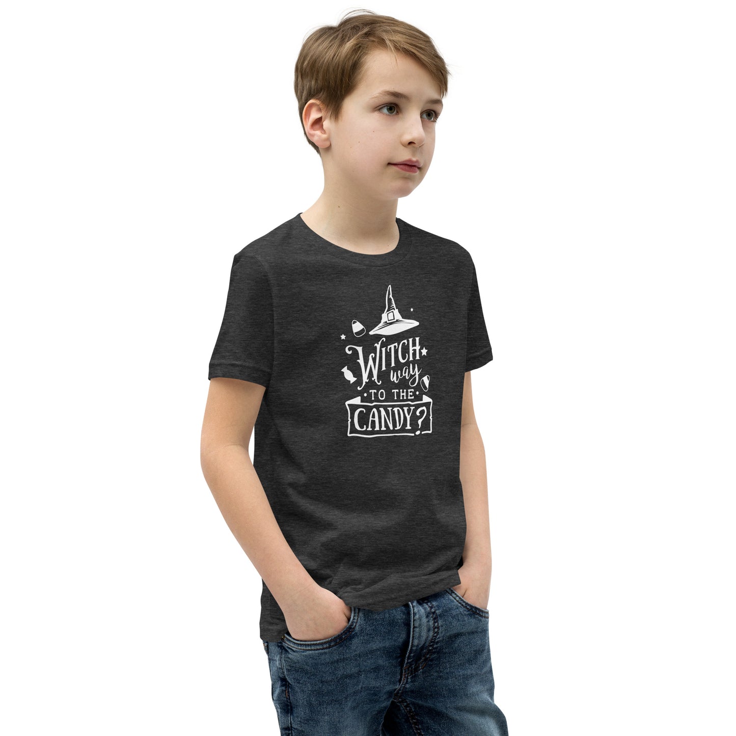 "Witch Way to the Candy" Youth T-Shirt: Enchanting Design for a Magical Halloween Adventure