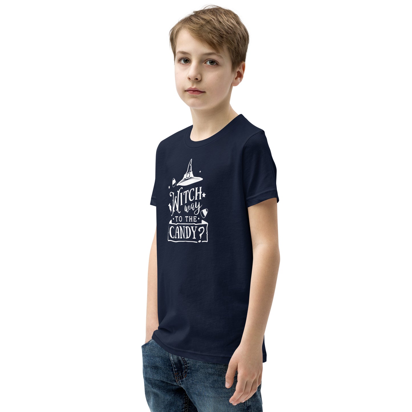 "Witch Way to the Candy" Youth T-Shirt: Enchanting Design for a Magical Halloween Adventure