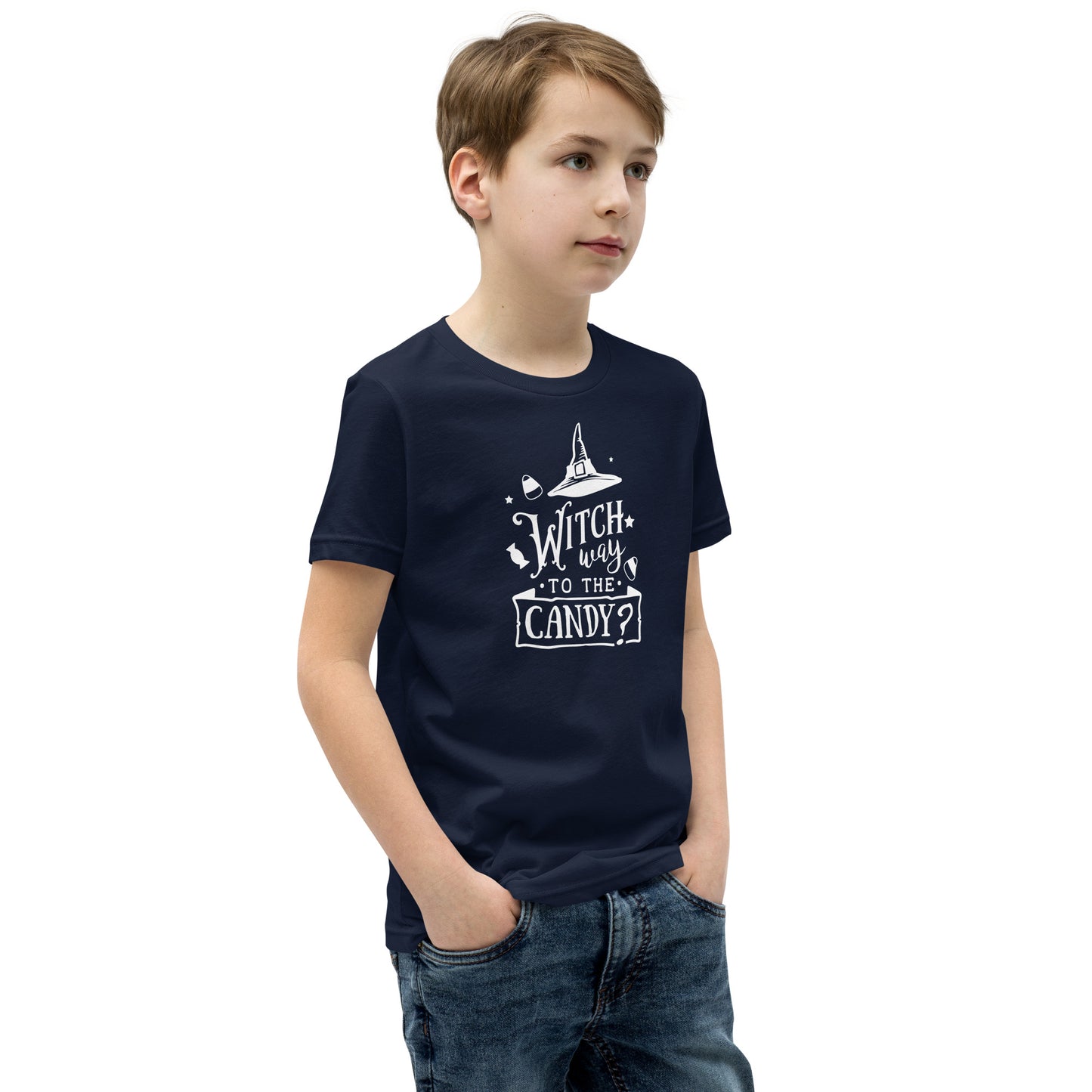 "Witch Way to the Candy" Youth T-Shirt: Enchanting Design for a Magical Halloween Adventure