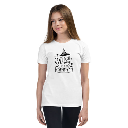 "Witch Way to the Candy" Youth T-Shirt: Enchanting Design for a Magical Halloween Adventure